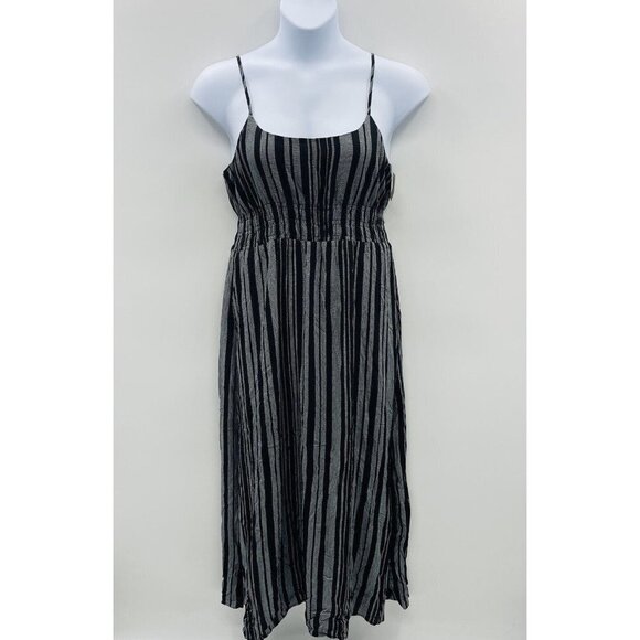 Caslon Womens Size Large Smocked Striped Maxi Dress with Side Slit in Black - Picture 1 of 9